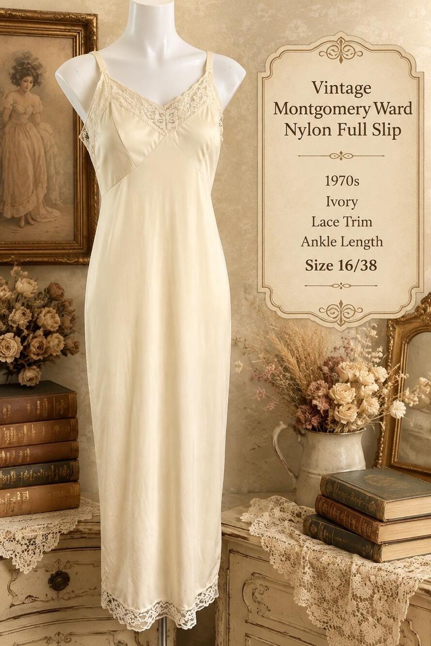 Vintage Montgomery Ward Nylon Full Slip 1970s Lace Trim Ivory Ankle Length 38